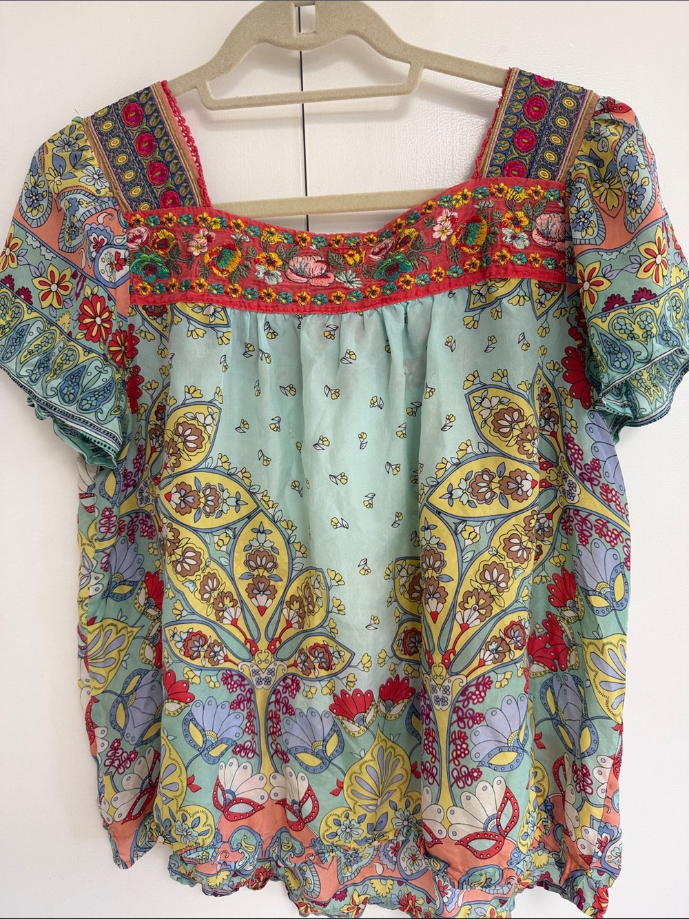 Johnny Was Floral Embroidered Square Neck Silk Boho Top, SIZE M, See Description - Picture 4 of 6